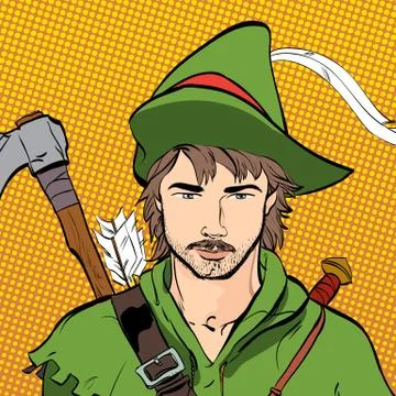 Robin Hood in a hat with feather. Defender of weak. Medieval legends. Heroes of Stock Illustration