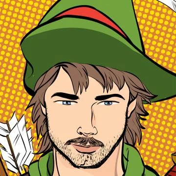 Robin Hood in a hat with feather. Defender of weak. Medieval legends. Heroes of Stock Illustration