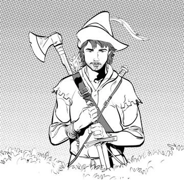Robin Hood in a hat with feather. Defender of weak. Medieval legends. Heroes of Stock Illustration
