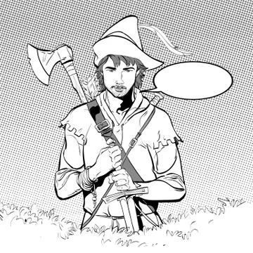 Robin Hood in a hat with feather. Defender of weak. Medieval legends. Heroes of Illustrazione stock