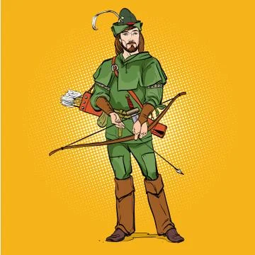 Robin Hood in a hat with feather. Defender of weak. Medieval legends. Heroes of Stock Illustration