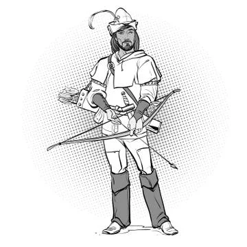 Robin Hood in a hat with feather. Defender of weak. Medieval legends. Heroes of Stock Illustration