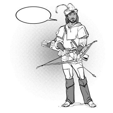 Robin Hood in a hat with feather. Defender of weak. Medieval legends. Heroes of Stock Illustration
