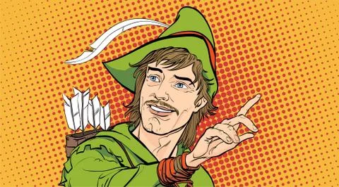 Robin Hood in a hat with feather. Defender of weak. Medieval legends. Heroes of Illustrazione stock