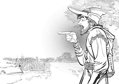 Robin Hood in a hat with feather. Defender of weak. Medieval legends. Heroes of Stock Illustration