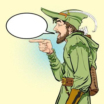 Robin Hood in a hat with feather. Defender of weak. Medieval legends. Heroes of Stock Illustration