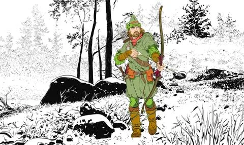 Robin Hood in a hat with feather. Defender of weak. Medieval legends. Heroes of Stock Illustration