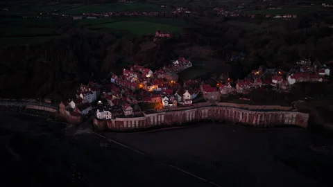 Robin Hoods Bay Aerial Drone Flight in the early morning blue hour. Parallax L 스톡 동영상 325831707