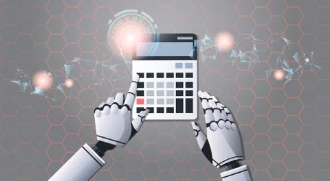 Robot accountant using calculator top angle view artificial intelligence digital Illustrazione stock
