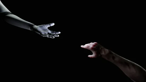 Robot AI arm helping human hand connecting with alpha Video stock 211784197