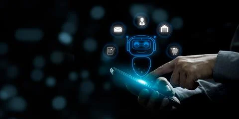 Robot ai artificial intelligence big data and marketing, planning sale info.. Stock Photos