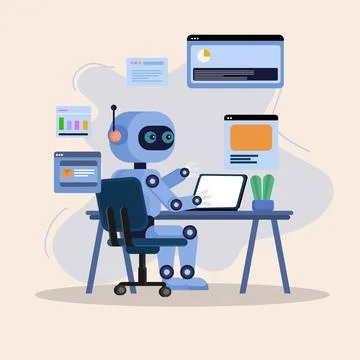 Robot AI digital assistant tablet uses a message template interface flat art. Stock Illustration