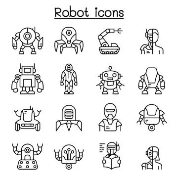 Robot, AI icon set in thin line style Illustrazione stock