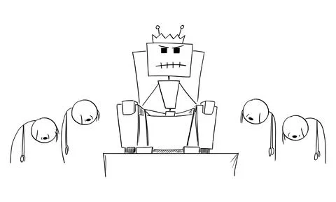 Robot, AI or Artificial Intelligence Sitting on Throne as king , Vector Cartoon Illustrazione stock