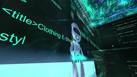 Robot ai siting in background with modern hud interface and programming lang Stock Footage 237369632