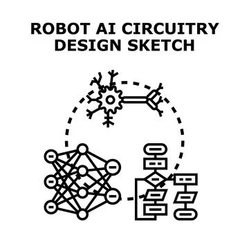 Robot ai systems developing neural network design sketch Stock Illustration