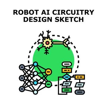Robot ai systems developing neural network design sketch Stock Illustration