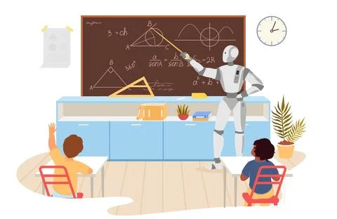 Robot ai teacher explaining mathematics task for children Stock Illustration