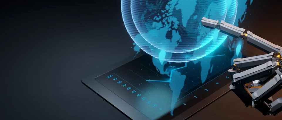 Robot AI using digital sphere connection hologram 3D rendering 库存插图