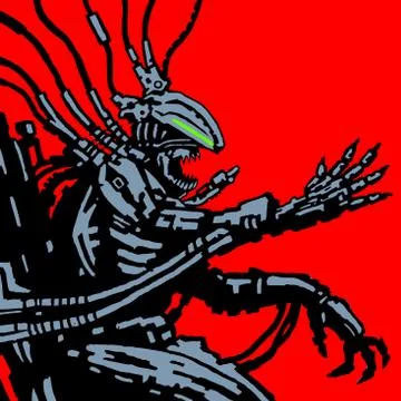 Robot alien astronaut sits and manages spaceship. Vector illustration. Stock Illustration