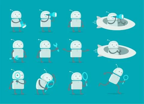 Robot alien character set. With telescope search end wrench repairs. On rocket Stock Illustration