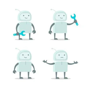 Robot alien character set with wrench spanner repairs. Color vector illustration Stock Illustration