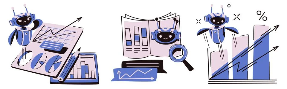 Robot analytics set - cute chatbot assistant Stockillustratie