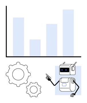 Robot Analyzes Bar Graph with Gears Highlighting Data Analytics and Technol.. Illustrazione stock