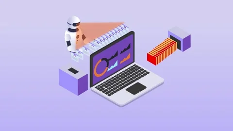 Robot analyzes the database of employees or personnel 3d animation cartoon Stock Footage 284234051