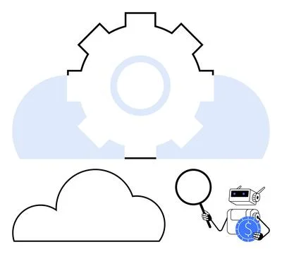 Robot Analyzing Cloud Data with Magnifying Glass and Gear Mechanism 库存插图