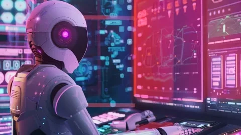 A Robot Analyzing Computer Data, Experimental Chamber, Panoramic View Stock Footage 294666181