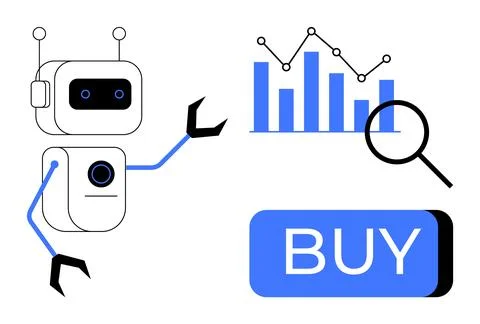 Robot analyzing data chart and magnifying glass next to a large Buy button .. Stock Illustration