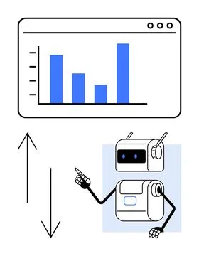 Robot Analyzing Data Chart with Arrows Indicating Increasing and Decreasing.. Stock Illustration