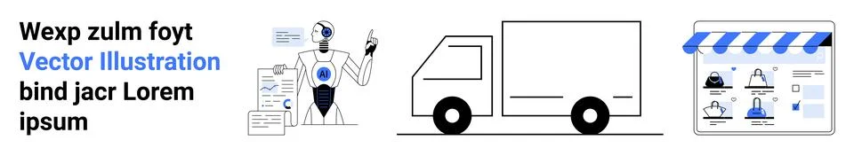 Robot analyzing data charts, delivery truck, and online store interface highl Stock Illustration