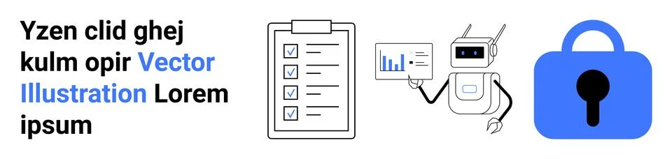 Robot analyzing data, checklist on clipboard, and secure lock representing in Stock Illustration