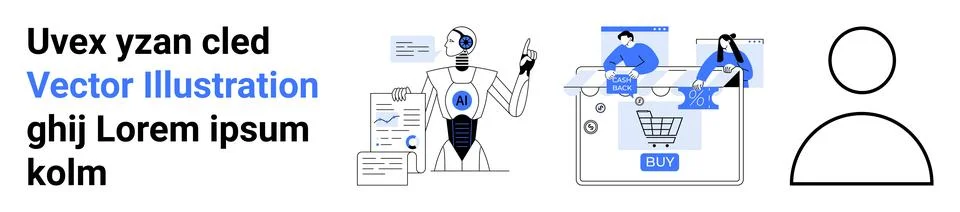 Robot analyzing data on clipboard, two people engaging in online shopping wit Illustrazione stock