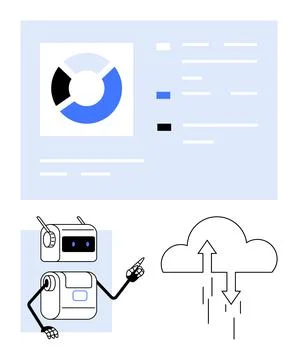 Robot Analyzing Data with a Cloud Computing Concept and Pie Chart Stock Illustration