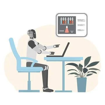 Robot analyzing data on computer in laboratory setting with scientific inte.. Stock Illustration