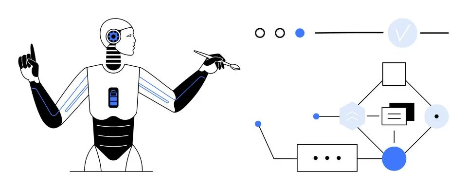 Robot analyzing data flow with diagrams and charts. Ideal for technology, AI, Stock Illustration