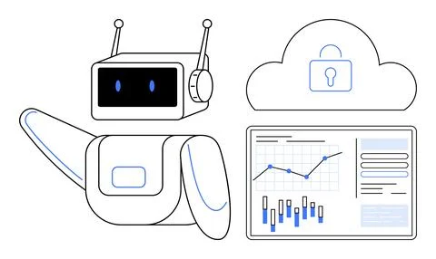 Robot Analyzing Data with Graphs and Secured Cloud Storage Representation Illustrazione stock