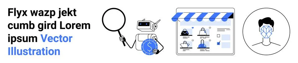 Robot analyzing data with magnifying glass, storefront interface, and user fa Illustrazione stock