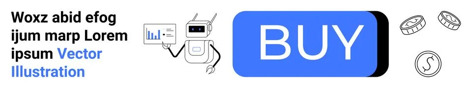 Robot Analyzing Data Next to Large Buy Button and Coins イラスト素材
