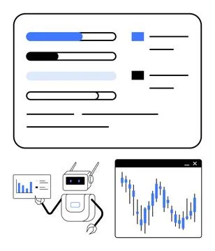 Robot Analyzing Data with Progress Bars and Line Graphs Displayed on Screens Illustrazione stock