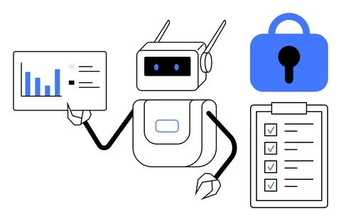 Robot Analyzing Data with Secure Checklist and Lock Symbol, Representing Da.. 스톡 일러스트