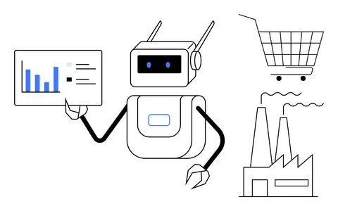 A robot analyzing data with a shopping cart and a factory. Ideal for automati Illustrazione stock