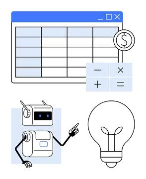 Robot Analyzing Data Spreadsheet with Calculator and Lightbulb for Innovati.. Stock Illustration
