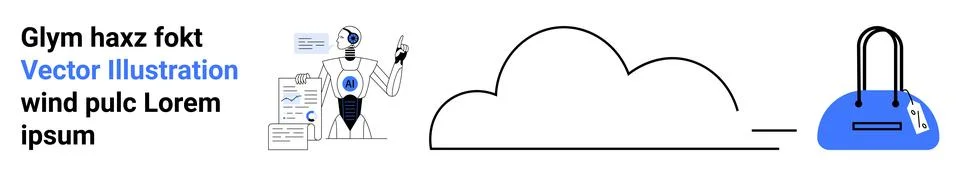 Robot analyzing digital data with holographic screen, large cloud icon, and b Stock Illustration