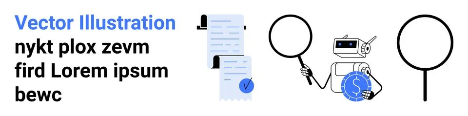 Robot Analyzing Documents with Magnifying Glass and Financial Symbol Stock Illustration