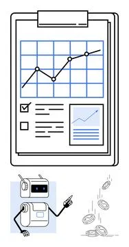 Robot Analyzing Financial Chart on Clipboard with Coins Falling - Automatio.. 库存插图