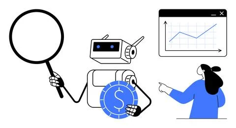 Robot Analyzing Financial Data with Chart and Person Illustrazione stock